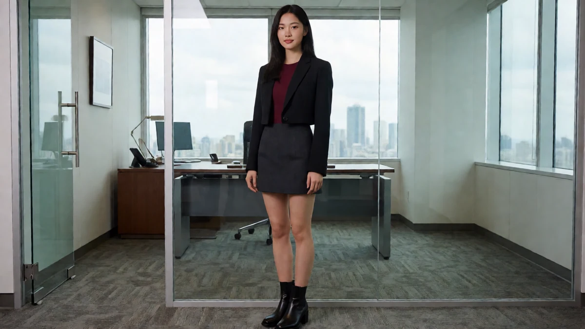 穿黑色西装外套与短裙的成年女性站在带城市窗景的办公室